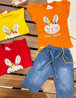  پوشاک | لباس بچگانه تی شرت و شلوارک خرگوش گل پرس